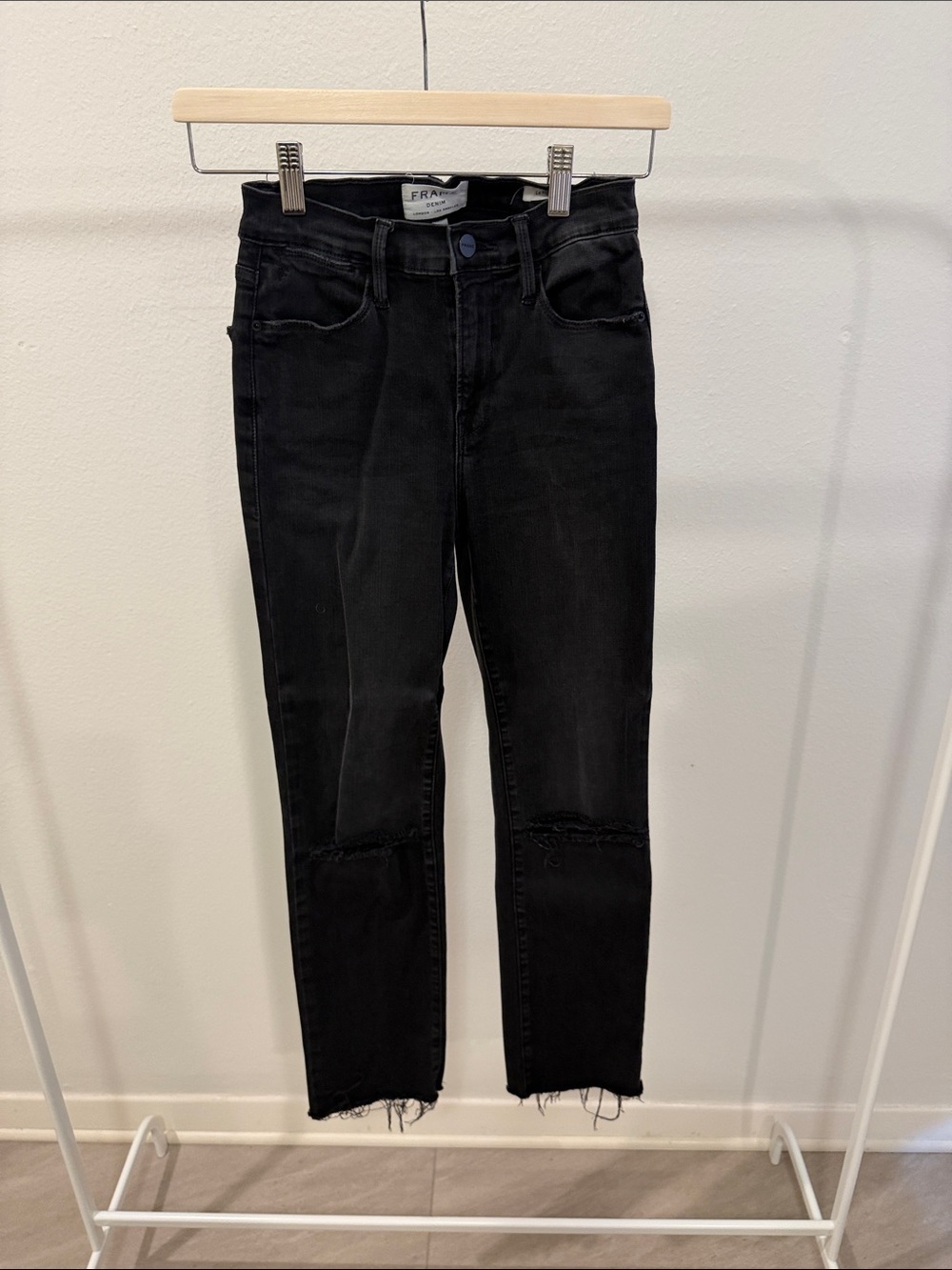 Frame Denim Black Distressed Crop Skinny Jeans